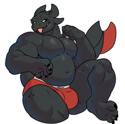 anthro barefoot belly black_body black_scales boxers_(clothing) boxers_only claws clothed clothing feet green_sclera horn male navel overweight overweight_anthro overweight_male pupils red_boxers red_clothing red_underwear scales simple_background sitting solo tail text text_on_clothing text_on_underwear tongue tongue_out topless underwear underwear_only white_background yaiski dreamworks european_mythology how_to_train_your_dragon mythology toothless dragon fury_(httyd) mythological_creature mythological_scalie night_fury scalie western_dragon artist_name hi_res