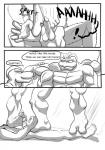 2016 anthro balls big_dom_small_sub bodily_fluids canid canine comic cum cum_on_penis dialogue digital_drawing_(artwork) digital_media_(artwork) dominant english_text erection eyes_closed feet fur generation_1_pokemon genital_fluids genitals greyscale group group_sex hi_res humanoid machamp machoke male male/male mammal monochrome mouse murid murine muscular nintendo nude penis pokemon pokemon_(species) rodent ryusuke573 sex size_difference spa teeth text threesome tongue tongue_out trio xalex14