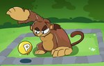 balloon black_eyes brown_body brown_fur fur grass implied_inflation inflatable looking_at_balloon looking_at_object plant power_balloon shadow areoants bloons_tower_defense mario_bros ninja_kiwi nintendo super_mario_world pat_fusty haplorhine mammal monkey primate 2022 hi_res