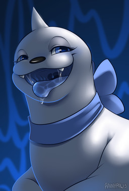 blue_background blue_bow blue_eyes blue_insides blue_tongue bodily_fluids drooling female feral grey_body horn looking_at_viewer mouth_shot narrowed_eyes open_mouth open_smile saliva saliva_string simple_background smile solo teeth text tongue tongue_out uvula rainypaws nintendo pokemon endivie_(rainypaws) dewgong generation_1_pokemon pokemon_(species) artist_name hi_res