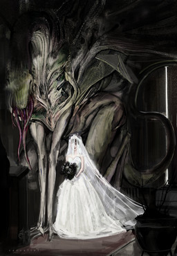 bouquet church clothing darkness dress eyeless female female/female flower green_body horror_(theme) inside not_furry plant size_difference smile tail teratophilia tongue veil wedding wedding_dress zarzaliel alien eldritch_abomination human mammal monster absurd_res hi_res