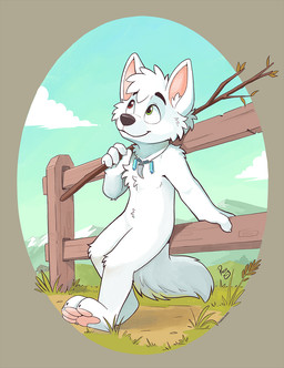 anthro blue_sky chest_tuft closed_smile cloud featureless_crotch fence fur glistening glistening_eyes grass green_eyes hair heterochromia holding_object holding_stick jewelry knee_tuft leg_tuft looking_up male male_anthro mountain mouth_closed necklace nude pawpads plant red_eyes short_hair sky smile solo stick tuft white_body white_fur white_hair young young_anthro young_male pandapaco canid canine mammal hi_res