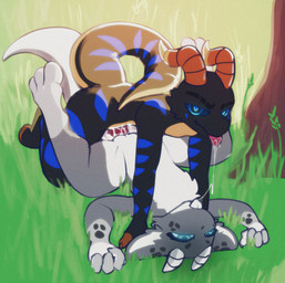alter_ego anthro belly black_body black_scales black_spotted_fur blissful blue_stripes bodily_fluids brown_claws brown_horn claws cum cum_in_vagina cum_inside cum_on_groin dominant dominant_male duo female female_on_bottom fur genital_fluids grey_body grey_claws grey_fur grey_horn horn light light_beam looking_at_viewer male male/female male_on_top on_bottom on_top saliva saliva_on_tongue saliva_string scales sex stripes submissive submissive_female sunbeam sunlight tail tan_underbelly white_belly dep pepper_(wakeyyeti) yin_the_kobold furred_kobold furred_scalie kobold scalie absurd_res hi_res