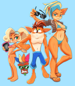 3_toes 4_toes anthro barefoot bikini clothed clothing ear_piercing ear_ring eyewear feet female footwear group jacket male mask paws piercing plantigrade ring_piercing sandals shoes summer sunglasses swimwear thick_thighs toes topless topwear triangle_bikini two-piece_swimsuit conditional_dnp jaynatorburudragon activision crash_bandicoot_(series) aku_aku coco_bandicoot crash_bandicoot pirate_tawna animate_inanimate bandicoot living_clothing living_mask mammal marsupial 2023 absurd_res colored hi_res brother_(lore) brother_and_sister_(lore) sibling_(lore) sister_(lore)