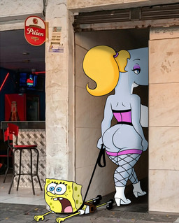 anthro big_butt biped blonde_hair boots breasts butt clothed clothing collar duo female fishnet_clothing fishnet_legwear footwear grey_body hair high_heeled_boots high_heels larger_female leash leashed_collar legwear male partially_clothed shoes size_difference smaller_male thigh_highs yellow_body sirredbenjamin a_chance_encounter nickelodeon spongebob_squarepants pearl_krabs spongebob_squarepants_(character) aquatic cetacean mammal sea_sponge whale meme
