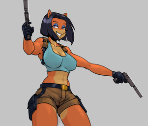 anthro black_hair bottomwear breasts cleavage clothed clothing cosplay dual_wielding eyeshadow female gun hair holding_object holding_weapon makeup purple_eyes ranged_weapon shorts solo weapon unknown_artist activision crash_bandicoot_(series) crash_team_racing_(series) crash_team_racing_nitro-fueled tomb_raider lara_croft liz_bandicoot bandicoot mammal marsupial absurd_res hi_res source_request