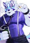 anthro blue_eyes clothing dress_shirt facial_markings fur head_markings male markings muscular muscular_anthro muscular_male necktie shirt solo striped_body striped_fur stripes suspenders topwear chigiri lifewonders live_a_hero sadayoshi canid canine mammal hi_res