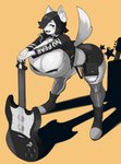 2020 5_fingers absurd_res anthro big_breasts black_and_white black_hair blush blush_stickers breasts bunybunyboi canid canine canis cleavage clothed clothing digital_media_(artwork) domestic_dog ear_piercing female fingers fretless_guitar gibson_sg guitar hair hair_over_eye hi_res huge_breasts hyper hyper_breasts looking_at_viewer maggie_applebee mammal monochrome musical_instrument one_eye_obstructed open_mouth piercing plucked_string_instrument short_hair simple_background solo string_instrument