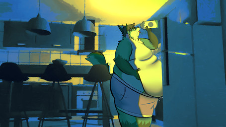 3d_background anthro appliance belly_grab black_hair clothed clothing drinking_milk fridge fur green_body green_fur hair half-closed_eyes kitchen kitchen_appliance male midnight_snack milk narrowed_eyes night overweight overweight_male rumbling_stomach solo underwear underwear_only vv0ltz canid canine fox mammal 16:9 3d_(artwork) digital_media_(artwork) hi_res line_art mixed_media shaded soft_shading widescreen
