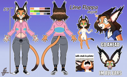 anthro bottomwear clothing female footwear pants pog_face shoes sneakers solo sweatpants tail text youngcrespo lime_(limefloppa) caracal caracal_(genus) felid feline mammal absurd_res english_text hi_res meme model_sheet genderfluid_(lore) nonbinary_(lore)