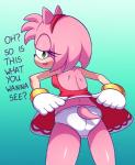 accessory anthro black_nose butt camel_toe clothed clothing dialogue female flashing gloves green_eyes hair hair_accessory hairband handwear panties pink_hair short_hair solo text underwear upskirt white_clothing white_panties white_underwear waru-geli wildswingding sega sonic_the_hedgehog_(series) amy_rose eulipotyphlan hedgehog mammal english_text