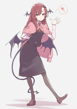 accessory black_bottomwear black_clothing black_legwear black_pantyhose black_skirt black_topwear black_vest black_wings bottomwear brown_clothing brown_footwear brown_shoes clothing female footwear gesture hair hand_behind_back head_wings heart_symbol legwear looking_at_viewer necktie pantyhose red_eyes red_hair red_necktie shirt shoes simple_background skirt smile solo spade_tail tail tail_around_leg topwear unusual_wing_placement vest waving waving_at_viewer white_background white_clothing white_shirt white_topwear wings kawayabug touhou koakuma demon demon_humanoid humanoid absurd_res full-length_portrait hi_res portrait