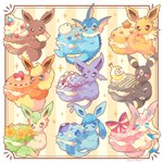 ambiguous_gender blush border dessert evolutionary_family feral food group kemono pattern_background poke_puff simple_background striped_background tail mugita_konomi nintendo pokemon canid eevee eeveelution espeon flareon generation_1_pokemon generation_2_pokemon generation_4_pokemon generation_6_pokemon glaceon jolteon leafeon mammal pokemon_(species) sylveon umbreon vaporeon 1:1 signature