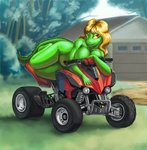 5_fingers anthro atv big_breasts blonde_hair breasts brown_eyes detailed_background female fingers green_body green_skin hair long_hair looking_at_viewer non-mammal_breasts nude outside pose solo vehicle yellow_sclera vdisco crocodilian reptile scalie