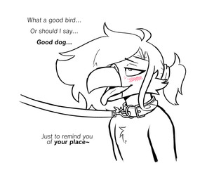 accessory anthro beak blush cheek_tuft collar dialogue facial_tuft fluffy fluffy_hair hair hair_accessory hair_over_eye hair_tie leash leashed_collar looking_pleasured male offscreen_character offscreen_dominant open_beak open_mouth praise praise_kink solo submissive submissive_anthro submissive_male text tied_hair tongue tongue_out tuft wearing_collar thatbirdboi birb_(somesacredbird) avian bird 2021 digital_drawing_(artwork) digital_media_(artwork) english_description english_text hi_res