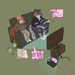 anthro beverage clothed clothing duo electronics food fully_clothed male pizza soda speech_bubble television thelivingtrashcan brand_new_animal studio_trigger bo_(thelivingtrashcan) michiru_kagemori shirou_ogami ailurid felid mammal pantherine red_panda snow_leopard 1:1 2020 digital_media_(artwork) hi_res