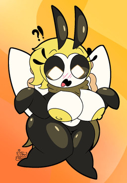 anthro big_breasts blush breasts female filthyrubystic nipples solo surprised thick_thighs worried nintendo pokemon arthropod bee generation_7_pokemon hymenopteran insect pokemon_(species) ribombee hi_res