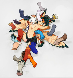 ambiguous_gender anthro bottomwear chest_tuft clothed clothing disembodied_foot disembodied_hand disembodied_hoof feathered_wings feathers feet feet_everywhere fingers_between_toes foot_fetish foot_on_chest foot_on_face foot_on_wing foot_play footsie fur green_body green_fur grey_background group hooves lying male male/ambiguous on_back one_eye_closed orange_body orange_fur pawpads paws red_body red_fur shorts shorts_only simple_background stepped_on stepping stepping_on_chest stepping_on_face tan_body tan_fur topless tuft wings pineconepaladin mythology ruby_(luckyray) dragon equid equine felid feline horse lynx mammal mythological_creature mythological_scalie pony scalie hi_res
