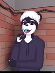 anthro black_body black_fur blue_lollipop brick_wall cable clothing concrete_wall countershade_hands countershading eyebrows fur hair hoodie lollipop_in_mouth looking_at_viewer male outside purple_eyes short_hair solo suggestive_look tongue tongue_out topwear wall_(structure) white_body white_eyebrows white_fur white_hair sox6 mammal mustelid musteline true_musteline weasel 2024 3:4 absurd_res hi_res shaded watermark