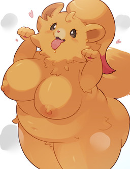 anthro areola big_breasts blush breasts female female_anthro fur huge_thighs nipples nude obese orange_body orange_fur overweight overweight_anthro overweight_female simple_background solo thick_thighs tongue xanadu_corona nintendo pokemon pokemon_winds_and_waves canid canine generation_10_pokemon mammal pokemon_(species) pombon 2026 absurd_res hi_res portrait three-quarter_portrait
