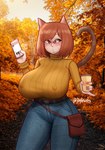 big_breasts bottomwear breasts brown_hair cellphone clothed clothing electronics female hair holding_cellphone holding_object holding_phone huge_breasts nipple_outline outside pants phone plant solo tree joylewds animal_humanoid cat_humanoid felid felid_humanoid feline feline_humanoid humanoid mammal mammal_humanoid hi_res