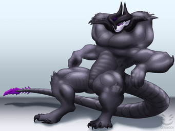 4_arms 6_eyes abstract_background anthro black_body blade blade_tail claws horn male multi_arm multi_eye multi_limb muscular muscular_male sitting solo tail tail_blade weapon_tail corinoch_(artist) corinoch demon 4:3 hi_res watermark