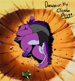 anthro clothing female hole_(pit) purple_body shirt solo topwear cloudoodoggo dragon_ball dragon_ball_z yamcha_death_pose cloudoodoggo_character canid canine mammal absurd_res draw_over hi_res meme
