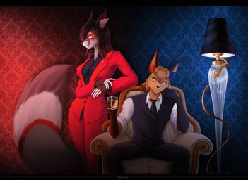alcohol anthro beverage black_clothing black_necktie blue_light bottomwear chair clothed clothing container cup drinking_glass duo female fur furniture glass glass_container glass_cup gold_ring green_eyes hair jacket lamp long_ears male necktie pants red_clothing red_jacket red_light red_topwear ring shirt sitting tail topwear whiskey whiskey_glass narikusha jams_filtzroy nika_lisova canid canine caracal caracal_(genus) felid feline fox mammal 2023 digital_media_(artwork)
