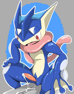 after_orgasm animal_genitalia animal_penis anthro blush bodily_fluids cum cum_drip cum_on_penis dripping erection genital_fluids genital_slit genitals male open_mouth penis simple_background solo tapering_penis doneru nintendo pokemon amphibian generation_6_pokemon greninja pokemon_(species) 2015