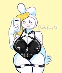 anthro blonde_hair cellphone electronics eyes_closed female fur hair latex phone smartphone solo white_body white_fur sweatybeanss adventure_time cartoon_network fionna_and_cake fionna_the_human humanoid lagomorph leporid mammal rabbit hi_res