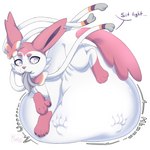 abdominal_bulge belly big_belly bow_(feature) bow_ribbon crossed_arms dialogue digestion_noises fatal_vore female female_pred feral feral_pred fully_inside fur grey_highlights grey_tail hair highlights_(coloring) huge_belly hyper hyper_belly imminent_death imprint paw_imprint paws pink_hair pink_tail purple_eyes ribbons ribbons_(anatomy) rumbling_stomach solo tail tail_in_mouth vore white_body white_fur yumikori nintendo pokemon feladi eeveelution generation_6_pokemon pokemon_(species) sylveon 1:1 hi_res