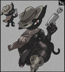 anthro big_butt big_penis black_body black_ears black_fur black_nipples black_tail brown_cloak brown_clothing brown_eyes brown_hat brown_headwear butt cloak clothing cowboy_hat eye_scar facial_scar foreskin fur genitals grey_background gun handgun hat hat_over_eye headgear headwear holding_gun holding_handgun holding_object holding_ranged_weapon holding_revolver holding_weapon looking_at_viewer male multicolored_cloak multicolored_clothing nipples partially_retracted_foreskin penis pose ranged_weapon revolver scar simple_background solo standing tail thick_thighs three-quarter_view two_tone_cloak two_tone_clothing two_tone_hat weapon monokhrome mewgenics zodiac_(mewgenics) domestic_cat felid feline felis mammal 2026 digital_media_(artwork) hi_res signature
