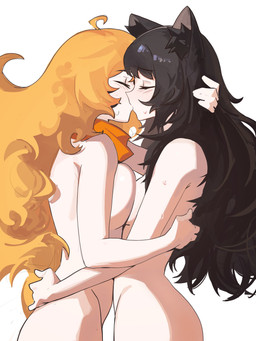 big_breasts blush bodily_fluids breast_size_difference breast_squish breasts butt duo eyelashes eyes_closed female female/female hair hand_on_another's_back hand_on_another's_head hand_on_back hand_on_head hug human_on_humanoid interspecies kissing long_hair nude side_view simple_background small_breasts squish sweat white_background distrbeachboy rooster_teeth rwby blake_belladonna yang_xiao_long animal_humanoid cat_humanoid felid felid_humanoid feline feline_humanoid human humanoid mammal mammal_humanoid 3:4 absurd_res hi_res
