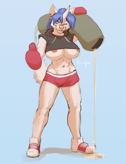 abs anthro areola areola_slip big_breasts biped blue_background blue_hair bottomwear boxing boxing_gloves breasts clothed clothing crop_top ear_piercing female footwear front_view fur gesture green_eyes hair hand_gesture handwear holding_object hoodie horn looking_at_viewer midriff muscular muscular_anthro muscular_female navel nipple_slip nipples one_eye_closed piercing pink_nose pose seductive shirt shoes shorts simple_background smile solo sport standing thick_thighs thin_calves thumbs_up tomboy topwear under_boob white_body white_fur wide_hips wink meesh mythology wynter canid canine canis domestic_dog equid equine husky mammal mythological_creature mythological_equine nordic_sled_dog spitz unicorn 2013 digital_media_(artwork)
