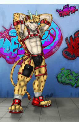 anthro antlers clothing harness horn jockstrap male muscular muscular_male solo underwear kevineddi zuhen felid leopard mammal pantherine hi_res