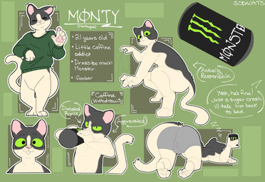 anthro arrow_sign ass_up balls_outline beverage big_butt big_pupils black_eyes bulge butt can close-up clothing constricted_pupils container detailed_bulge dilated_pupils drinking energy_drink fur genital_outline green_clothing green_sclera green_sweater green_topwear grey_body grey_clothing grey_ears grey_fur grey_tail grey_underwear happy holding_beverage holding_can holding_container holding_object male multicolored_body multicolored_fur pink_nose pose pupils rear_view side_view sleeping small_pupils smile solo sound_effects speech_bubble standing sweater tail text text_box thick_thighs three-quarter_view topwear two_tone_body two_tone_fur two_tone_tail underwear vowelless vowelless_sound_effect white_body white_fur white_tail zzz sushiamazing monster_energy soda_cats monty_(sushiamazing) domestic_cat felid feline felis mammal 2025 absurd_res digital_media_(artwork) english_text hi_res model_sheet