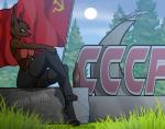 aircraft airplane anthro biped clothing communism crop_top female flag flag_(object) grass jet midriff modern_architecture monument monument_sign patriotism plant politics russian shirt sign sitting socialist solo soviet_union summer topwear tree vehicle aleone istra canid canine canis jackal mammal