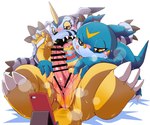 animal_skin anthro anus blue_body blush bodily_fluids cellphone cloacal_penis duo electronics embarrassed erection genitals horn male male/male penis phone slightly_chubby smartphone sweat yellow_body chibineco bandai_namco digimon digimon_(species) gabumon veemon absurd_res censored hi_res