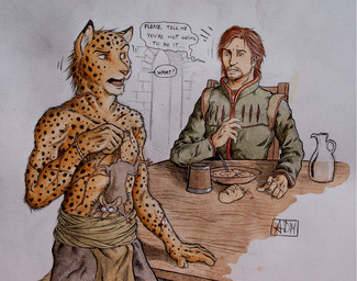5_fingers ambiguous_gender anthro beard belt black_spots bowl bracelet bread chair clothed clothing container cup dipstick_ears disgust ear_markings facial_hair feral fingers food fur furniture group hair holding_animal inside jewelry jug looking_aside looking_down male markings multicolored_ears open_mouth red_hair sash scar simple_background sitting spots spotted_body spotted_fur standing stew table teeth text tongue topless white_background 0laffson enorach_(0laffson) lars_(0laffson) cheetah felid feline human mammal murid murine rat rodent 2014 english_text signature traditional_media_(artwork)