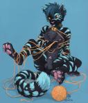 anthro bell black_body black_fur blue_background blue_body blue_fur blue_hair claws collar feet fur genitals green_collar hair male markings multicolored_body multicolored_fur nipples nude orange_eyes pawpads paws penis pink_pawpads simple_background solo striped_body striped_fur stripes tail toe_claws toes tongue tongue_out yarn yellow_sclera amara_telgemeier sige domestic_cat felid feline felis mammal 2017 digital_drawing_(artwork) digital_media_(artwork)