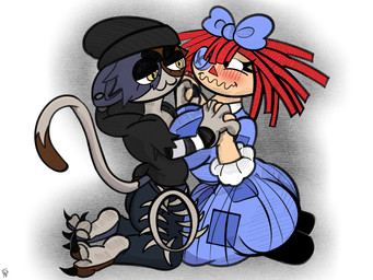 :3 anthro beanie big_breasts big_butt black_clothing black_hoodie black_topwear blue_bow blue_clothing blue_dress blush blush_lines breast_squish breasts butt clothing curling_toes dress duo ear_piercing eye_contact feet female female/female fur hair hand_holding hat headgear headwear hoodie huge_breasts huge_butt kneeling looking_at_another multicolored_body multicolored_fur no_shoes piercing rag_doll_(toy) red_hair squish topwear yellow_eyes amespinkinson epic_games fortnite glitch_productions the_amazing_digital_circus meow_skulls ragatha_(tadc) domestic_cat felid feline felis humanoid mammal 4:3 hi_res