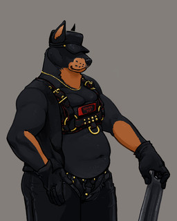 anthro belly big_belly black_bottomwear black_clothing black_gloves black_handwear black_hat black_headwear black_pants bottomwear breasts cleavage clothed clothing cropped_ears dominant female gloves gold_(metal) gold_jewelry handwear harness hat headgear headwear jewelry leather leather_bottomwear leather_clothing leather_gloves leather_handwear leather_harness leather_hat leather_headgear leather_headwear leather_pants leather_strap musclegut muscular overweight pants service_top solo strapon straps adabear jay_(deotasdevil) beauceron canid canine canis domestic_dog herding_dog mammal pastoral_dog hi_res