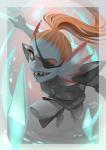 armor clothed clothing ear_fins eye_patch eyewear fin hair holding_object holding_weapon melee_weapon open_mouth polearm ponytail pupils red_hair sharp_teeth slit_pupils solo spear teeth weapon meammy undertale undertale_(series) undyne fish marine watermark