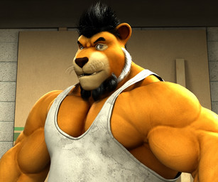 anthro barazoku beard biceps black_facial_hair black_hair black_nose brown_eyes clothing deltoids dirty_shirt facial_hair fur hair inside male muscular muscular_anthro muscular_male pecs shirt sideburns solo tank_top topwear vein veiny_muscles wall_(structure) whiskers white_clothing white_facial_hair white_shirt white_tank_top white_topwear wood_board yellow_body yellow_fur braford kurt_(braford) felid lion mammal pantherine 2016 3d_(artwork) 6:5 digital_media_(artwork)