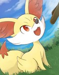 ambiguous_gender detailed_background feral fur grass inner_ear_fluff open_mouth plant quadruped red_body red_eyes red_fur sky smile solo tuft white_body white_fur yellow_body yellow_fur rumine nintendo pokemon fennekin generation_6_pokemon pokemon_(species) hi_res