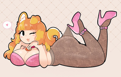 :3 big_breasts big_butt black_eyes breasts butt cleavage clothed clothing collar curled_tail eyelashes female food footwear heart_symbol high_heels legwear looking_at_viewer lying on_front one_ear_up one_eye_closed onigiri open_:3 pantyhose pink_clothing pink_footwear pink_high_heels red_collar rice shoes simple_background smile solo tail tan_background thick_thighs wink onigiri_punch hooked_on_heel_(trend) animal_humanoid canid canid_humanoid canine canine_humanoid dog_humanoid humanoid mammal mammal_humanoid hi_res meme