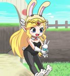 belly black_clothing blonde_hair blue_eyes blue_sky breasts bunny_costume clothing costume female gloves grass hair handwear headgear headwear humanoid_pointy_ears long_hair not_furry outside plant pointy_ears sky solo young unknown_artist nintendo spirit_tracks the_legend_of_zelda princess_zelda toon_zelda humanoid hylian lagomorph leporid mammal rabbit