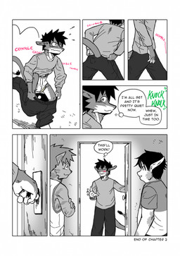 anthro bodily_fluids clothed clothing diaper diaper_under_clothing door dressing genital_fluids group male text unclean_diaper urine used_diaper walking wearing_diaper wet_diaper kaaski mythology jack_(kaaski) dragon mythological_creature mythological_scalie scalie 2025 comic english_text hi_res spot_color