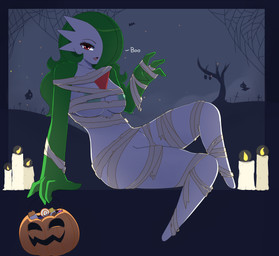 bandage breasts candle candy dessert female food fruit green_hair hair hair_over_eye holidays jack-o'-lantern looking_at_viewer night nipples not_furry_focus one_eye_obstructed open_mouth outside plant pumpkin red_eyes sitting sky solo spider_web text tree white_body white_skin conditional_dnp pinkcappachino halloween nintendo pokemon bat duskull gardevoir generation_1_pokemon generation_3_pokemon ghost mammal mummy pokemon_(species) shuppet spirit undead zubat 2016 absurd_res english_text hi_res