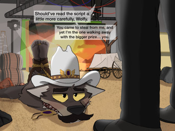 barefoot bdsm blush bondage bound clothed clothing cowboy duo feet gag gagged hankerchief hat headgear headwear hogtied male paws restraints submissive tail tail_motion tailwag text topwear mrpawpaw dreamworks the_bad_guys mr._wolf_(the_bad_guys) canid canine canis mammal wolf digital_media_(artwork) english_text hi_res